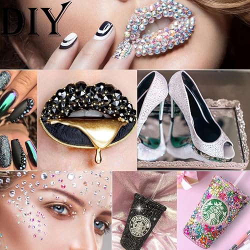 Canvalite 1500PCS Black Rhinestones Flat Back Gems, Nail Rhinestones Nail Art Gems with Pick Up Tweezers and Rhinestone Picker Dotting Pen, Nail Art Tools for Nails, Clothes, Face, Craft