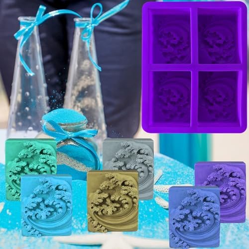 Ocean Wave Soap Molds, Square Sea Waves Silicone Mold 4-Cavity | Rectangular Wave Silicone Molds for Nautical Pattern DIY Homemade Soap Candle Making Lotion Cake Chocolate Pastry Pudding