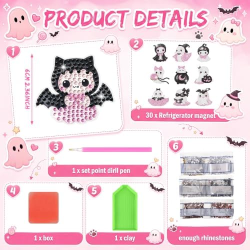 Motipuns 30 Pcs Diamond Magnets,Halloween Ghost,Pink