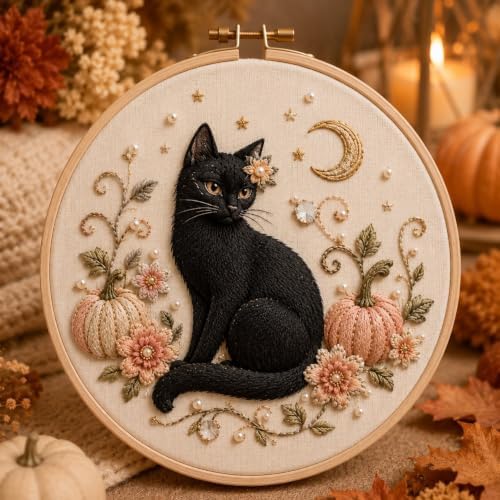 Halloween 3D Embroidery Hoop Decor Cozy Handmade-Style Fall Wall Art (Cat)