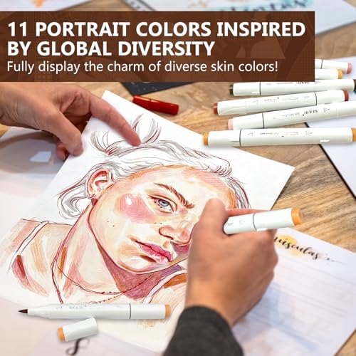 SFAIH Skin Tone Alcohol Markers Brush & Chisel - 11 Light Portrait Colors