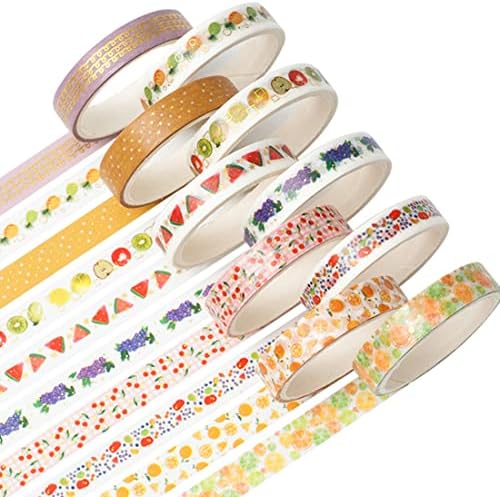 YUBBAEX 10 Rolls Sparkling Washi Tape Set 8mm Skinny Gold Foil Decorative Masking Washi Tapes for Bullet Journal,Scrapbook, Planner, DIY Crafts (Various Fruits)