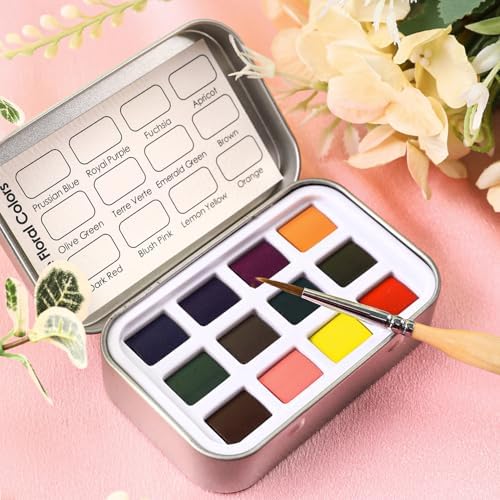 Grabie 12 Color Travel Watercolor Paint Set, Pocket Palette, Floral