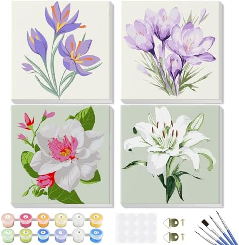 Flowers Paint by Number for Adults Beginners and Kids, 4 Pack DIY Adult Paint by Number Kits on Canvas Framed, Color by Numbers Acrylic Oil Painting Number Kits Crafts for Home Wall Decor 8x8inch