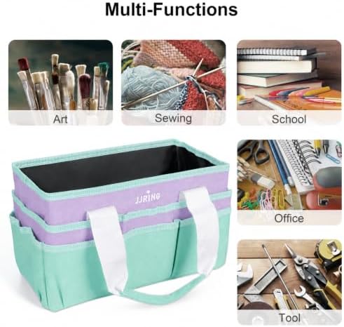 JJRING Craft Organizer Tote Bag Art Storage Caddy Green and Purple | With Multiple Pockets For Sewing, Scrapbooking, School, Medical, And Office Supplies