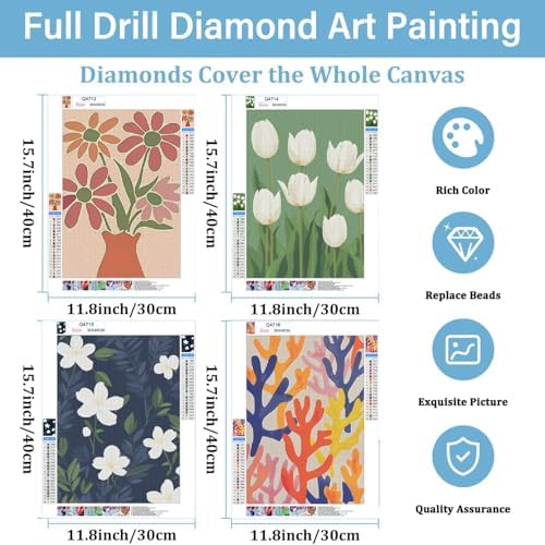 DOTSOPS 4 Pack Floral Diamond Painting Kits Art for Adults Round Full Drill