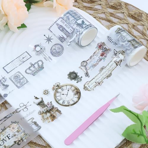 PET Tape Stickers for Journaling with Tweezers, Aesthetic Dreamy Smoke Ribbon Scrapbooking, Waterproof Transparent Washi Tape Stickers Gold Foil Decorative Decals for DIY Planner Crafts (3Pcs)