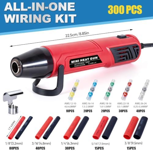350W Mini Heat Gun Kit with 300pcs Solder Seal Wire Connectors & 3:1 Waterproof Heat Shrink Tubing 2-Temp Max 662°F Portable Hot Air Gun, Electrical Repair Tool Set for Automotive, Marine & DIY Crafts