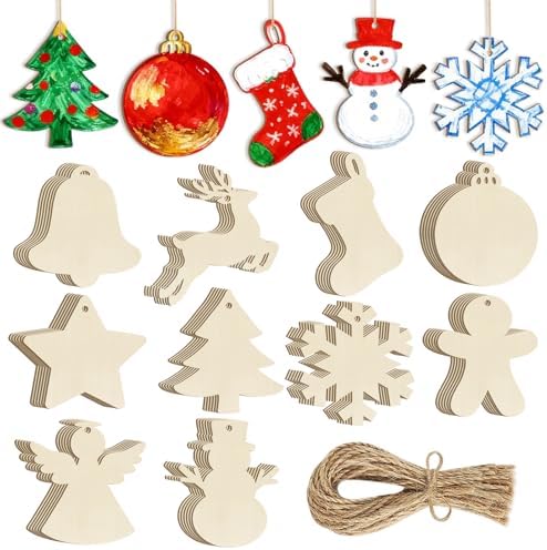 80PCS Wooden Christmas Ornaments to Paint, 8 Styles DIY Blank Unfinished Wood Reindeer Santa Claus Christmas Tree Ball Snowman Snowflake Angel Cutouts Ornament for Crafts Winter Hanging Decorations