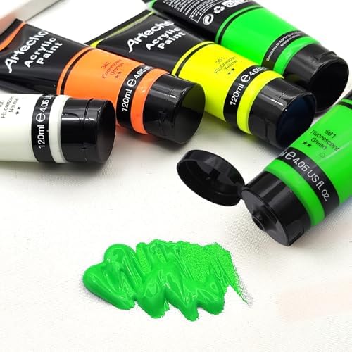Artecho Fluorescent Green Acrylic Paint 120ml /4.05oz Tube | Semi Glossy Finish, High Pigment Rich Color Craft Paint for Canvas, Fabric, Non-Toxic