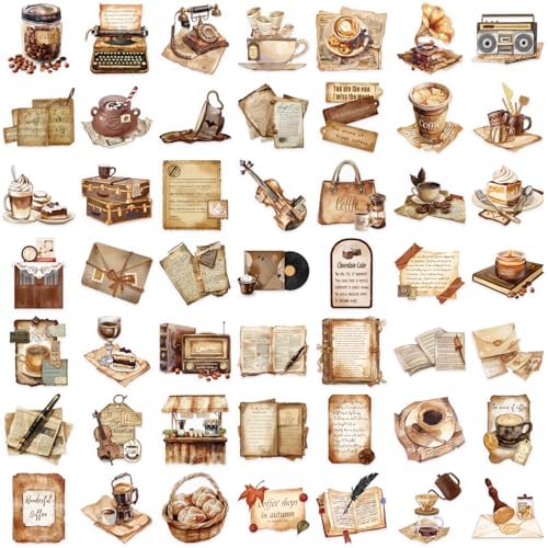 100 Pcs PET Transparent Vintage Coffee Stickers, Waterproof Vinyl Retro Coffee-Themed Decals for Laptop Skateboard Luggage, Watercolor Coffee & Daily Life Stickers Gift for Teens Adults(Retro coffees)