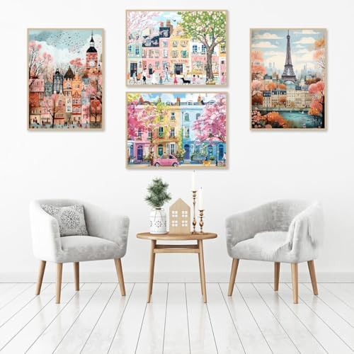 Clendo 4 Packs City Scene Paint by Numbers Kits for Adults, DIY Paris Street Adult Paint by Number Kits on Canvas, Easy Acrylic Painting Kits for Home Decor 12x16 Inch(Without Frame)