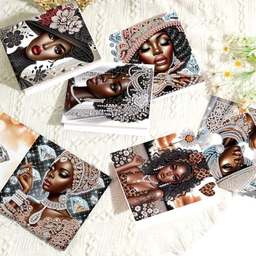 6 Pcs 5D Rhinestone Painting Greeting Cards Kits, Handmade Festival Greeting Cards with Envelopes Laser Effect DIY Diamond Art Crafts Birthday Cards for Birthdays Celebrations (Elegant African)