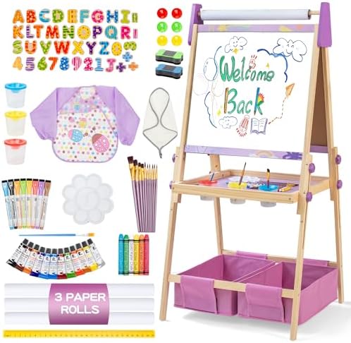 Purple Kids Art Easel Set, Wooden 3-in-1 Magnetic Whiteboard & Chalkboard