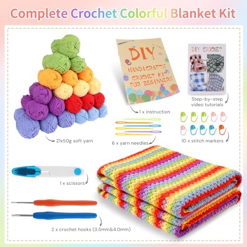 HUYEIOBGD Crochet Blanket Kit for Beginners – Easy Crochet Starter Kit for Adults & Kids, Colorful Rainbow Stripe Yarn, Complete Crochet Supplies with Step-by-Step Video Instructions