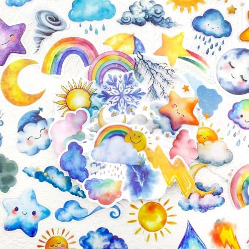 50 Cute Watercolor Weather Stickers for Scrapbooking – Waterproof Clear PET, Weather Decals with Sun, Clouds, Stars, Rainbows & Lightning – Aesthetic Clear Stickers for Journals, Planners, Crafting