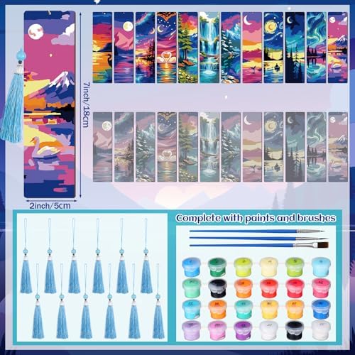 Kosiz 12 Pcs Night Landscape Paint by Number Kit for Adult Wood Bookmark | Mini Paint by Numbers Kit, Painting Decor, Tiny Mountain Tassels Blank Bookmarks, for Small DIY Craft Book Lovers Gift 7x2 ''