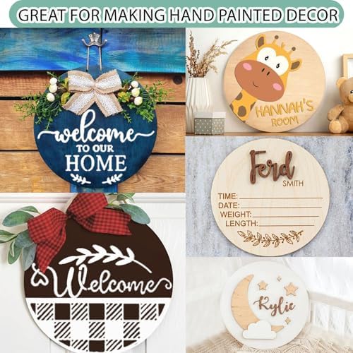 12 Inch Wood Circles for Crafts, 10Pcs Unfinished Wood Rounds with 12Pcs Welcome Stencils & Painting, DIY Wooden Crafts for Door Hanger, Wood Burning, Painting, Gifts for Independence Day Home Decor