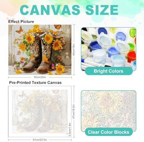 Paint by Numbers Kit for Adults, Cowgirl Boots Sunflower, 16 x 20 Inch | DIY Adult Paint by Number Kit on Canvas for Beginners, without Frame, Western Farmhouse Wall Decor, Stress Relief Craft Gift