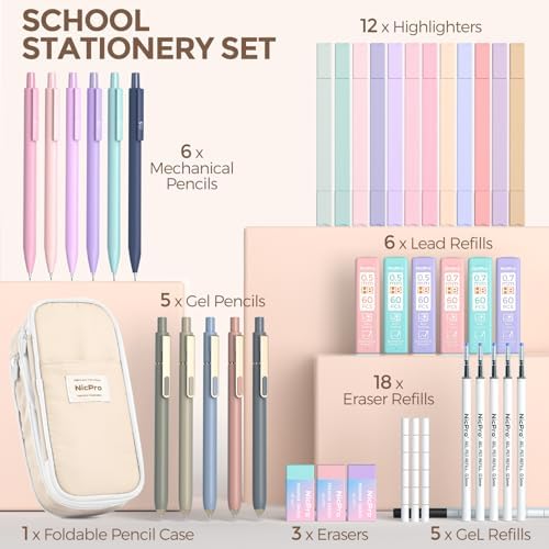 Nicpro School Supplies Stationary Set with Pencil Case, 39 PCS Cream