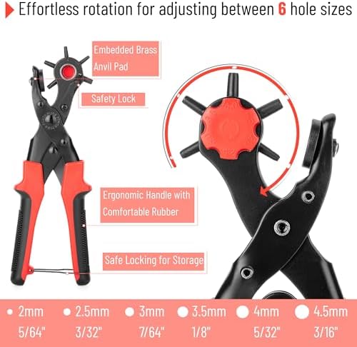 UNCO- Leather Hole Punch Tool Set, Red Handle, Multi Punch Sizes, Belt Hole Puncher for Leather, Belts, Straps, Pet Collars, Shoes, Saddles, Canvas & DIY Crafts, with Grommet Eyelet Kit 100 Set