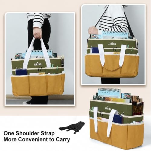 JJRING Craft Organizer Tote Bag Large Art Storage Caddy Dark Green&Brown | With Multiple Pockets For Sewing, Scrapbooking, School, Medical, And Office Supplies