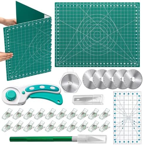 Lasnten Rotary Cutter Set 18 x 24 Inch Folding Extra Large Self Healing Cutting Mat, 45mm Fabric Cutter, 5pcs Rotary Blades, Acrylic Ruler, Knife Set for Sewing, Crafting, Patchworking, Art, Clay