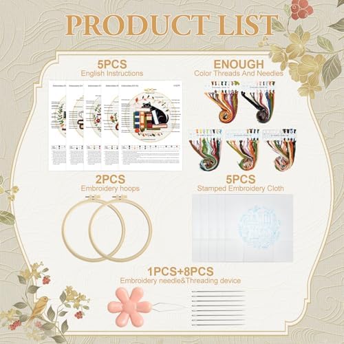 Kuabiz 5 Sets Embroidery Kits for Beginners Cross Stitch Kit for Adults Highland Book Pattern Embroidery Starter Kit Embroiderys Hoop Needlepoint Kits with Instruction Needles Threads