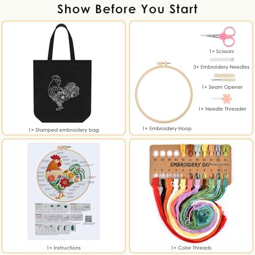 ERKOON Canvas Tote Bag Embroidery Kit for Beginners, Needlepoint Arts Crafts Cross Stitch Kits for Adults Including Stamped Embroidery Bag with Hoops, Needle, Instruction and Color Threads (Rooster)