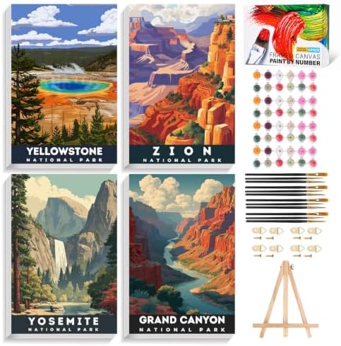 4 Pack Framed Paint by Numbers Kit for Adults, National Park, 8x12 inch | Paint by Number for Adults, Beginner Friendly, Framed Canvas, Easel Included, Fun and Relaxing, Gifts Box, Home Wall Decor