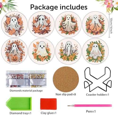 8 Pcs Diamond Art Coasters Kit for Adult with Holder, Diamond Coaster 4x4in