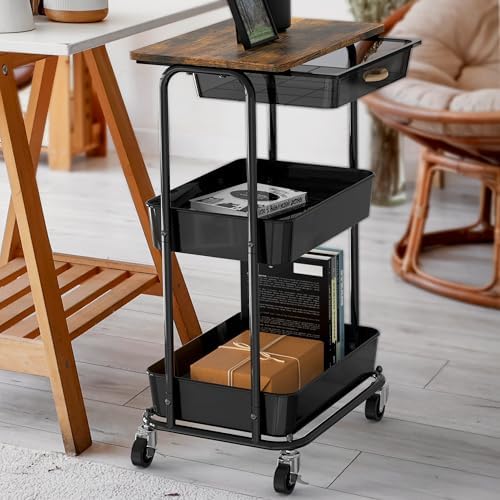 Simple Houseware 3-Tier Utility Cart with Drawer & Wood Top, Rustic Brown