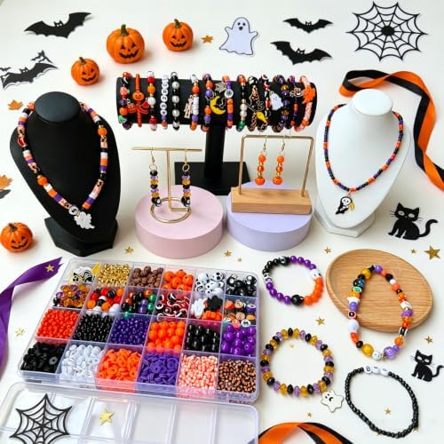 XBYzuzi 2600Pcs Halloween Beads for Bracelets Jewelry Making Kit, Orange Black White Purple alloween Polymer Clay Beads Pumpkin Evil Eye Skull Bead with Ghost Spider Charms for DIY Craft Earring