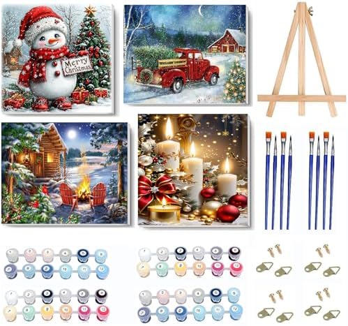 4 Pack Christmas Paint by Numbers Kit for Adults with Framed,Snowman Truck Candle Christmas Tree Paint by Number with Wooden Easel DIY Winter Bonfire Landscape Adult Paint by Number Kits10X12-10x10in