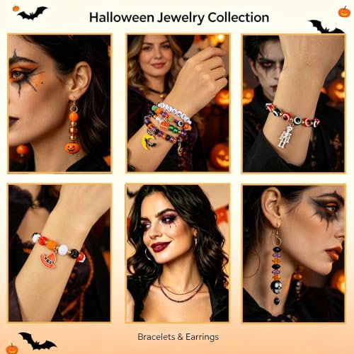 XBYzuzi 2600Pcs Halloween Beads for Bracelets Jewelry Making Kit, Orange Black White Purple alloween Polymer Clay Beads Pumpkin Evil Eye Skull Bead with Ghost Spider Charms for DIY Craft Earring