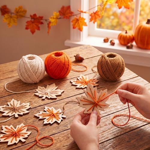 Kathfly 24 Set Fall Wooden Craft Kit Maple Leaf String Craft Ornaments with Yarn and Plastic Weaving Tools DIY Art Hanging Decorations for Classroom Fall Thanksgiving Party Favors Home Activities