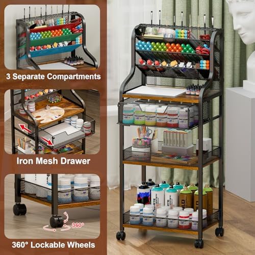 Large 7-Tier Rolling Utility Cart with Drawer, 40in Tall Metal Craft & Art Storage Organizer with Lockable Wheels, Storage for Art Studio, Drawing Room, Paints & Supplies