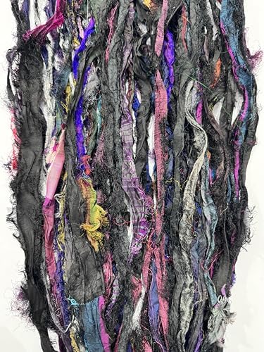 Maker's Craft Recycled Fuzzy Fringes Sari Silk Ribbon Yarn 35yards, 100Grams for DIY Knitting Crocheting Gift Wrapping, Christmas Decoration, Macrame Makers, Jewelry Making, Rugs Hooking (Black)