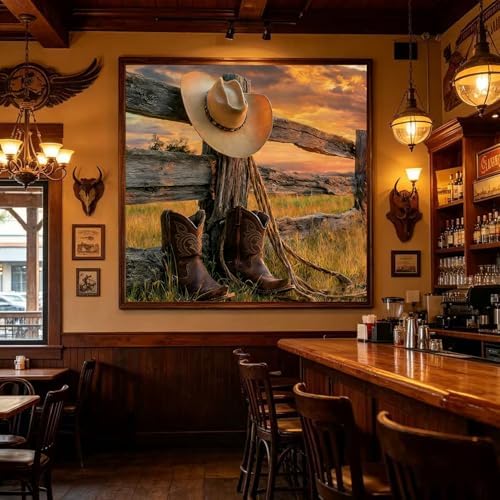 Accompany Wind Western Cowboy Diamond Art Kits for Adults,5D Cowboy Boots Diamond Painting Kits for Beginners,DIY Round Full Drill Diamonds Gem Art Crafts for Home Wall Decor Gifts 14x14 Inch