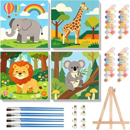 4 Pack Easy Animals Paint by Numbers Kit for Kids with Frame 8x8 Inch