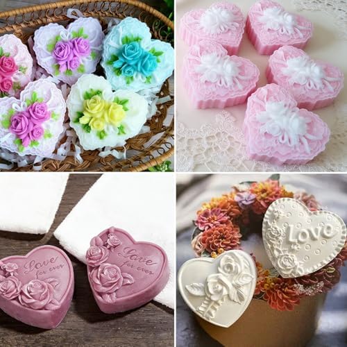 Silicone Heart Molds, 4 Types 3D Heart Shaped Soap Molds Love Chocolate Molds Silicone Molds for Soap Making Candy Cake Candle Wedding Valentine's Gift