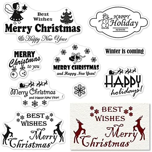 Merry Christmas Greeting Words Clear Stamps for Card Making and Photo Album Decorations, Christmas Elk Tree Silicone Stamps Winter Snowflake Transparent Rubber Stamps Seal for Xmas DIY Scrapbooking Supplies