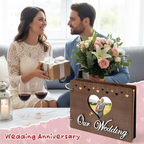CY2SIDE Our Wedding Scrapbook Album - 111PCS DIY Wooden Memory Photo Book Craft Kit with Stickers Markers Stencils Photo Corner Mr & Mrs Ornament, Picture Journal Gift for Bridal Wedding Anniversary