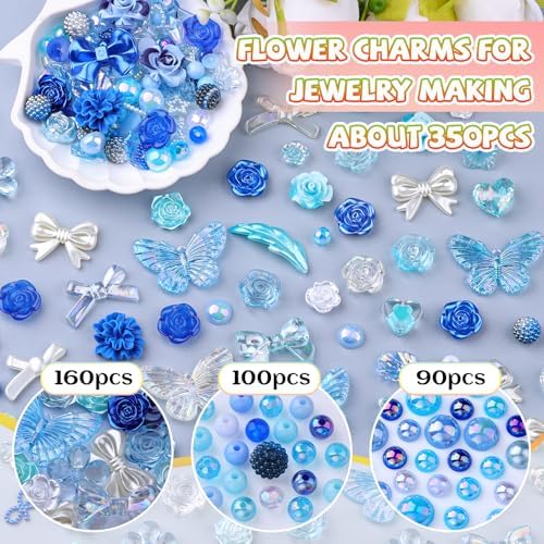 350 Pieces 3D Resin ABS Colorful Rose Flower Bows Butterfly Charms with Flatback Half Round Pearl Beads for Bracelet Earring Necklace Craft DIY Making Supplies