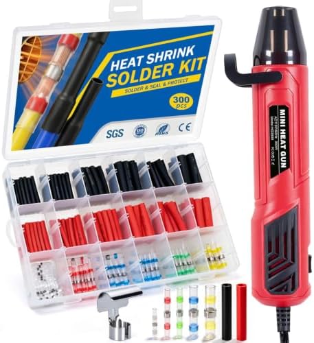 350W Mini Heat Gun Kit with 300pcs Solder Seal Wire Connectors & 3:1 Waterproof Heat Shrink Tubing 2-Temp Max 662°F Portable Hot Air Gun, Electrical Repair Tool Set for Automotive, Marine & DIY Crafts