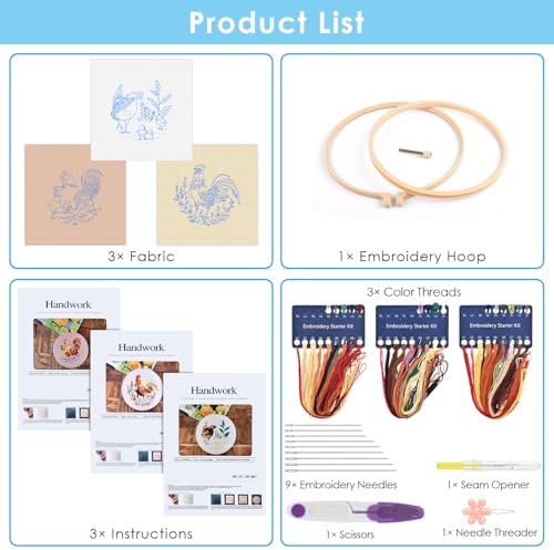 ERKOON 3 Sets Embroidery Kit, Floral Cross Stitch Set for Include Embroidery Cloth Hoops Threads for Craft Lover Hand Stitch (Rooster)