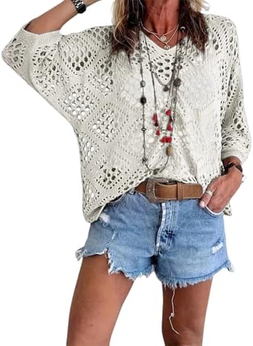 Bohemian Crochet Tops for Women 3/4 Sleeve V-Neck Open Knit Pullover Beach Cover Ups Hollow Out Boho Vacation Blouse