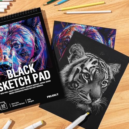 Black Paper Sketchbook 9 × 12 in, 30 Sheets, 160gsm Spiral Bound | Acid-Free 98Lb Black Paper, Lays Flat, Clean Tear-Out Pages, for Colored Pencil, Chalk, Gel Pens And Mixed Media
