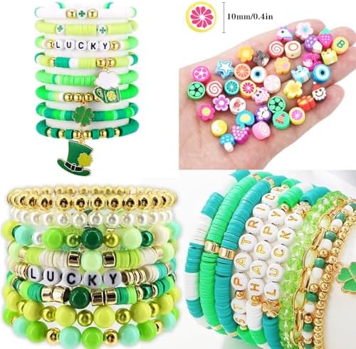 St.Patrick's Day Polymer Clay Beads Bracelet Making kit, 3480pcs 24 Style Cute Fun Beads Charms for Jewelry Necklace Earring Making DIY Accessories for Women Girls