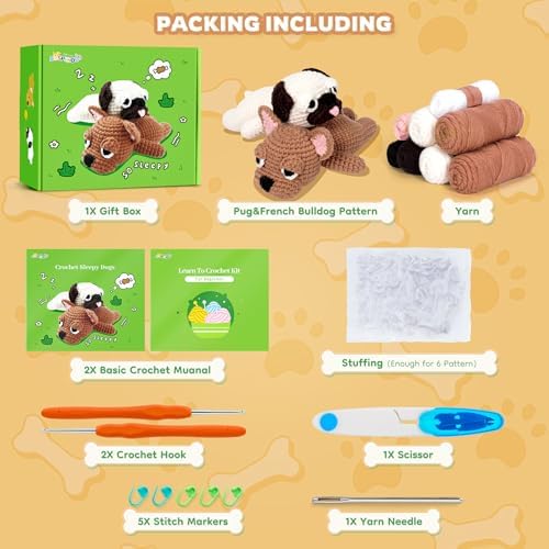 Crochet Kit for Beginners- Teacher Appreciation Gifts, 2 PCS Pug and French Bulldog Crochet Kits for Adults, Sleeping Dog Crochet Kit with Step-by-Step Video Tutorials Instructions DIY Knitting Kit